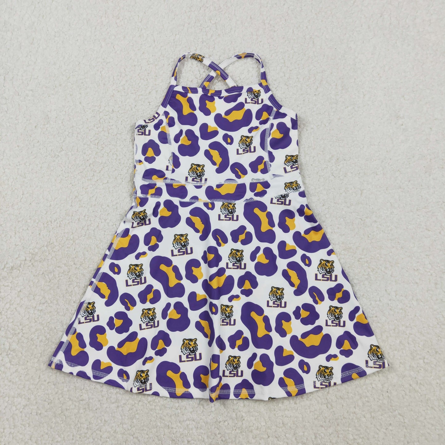 GSD3639 Baby Girls Strap Leopard LSU Tigers Team Yoga Active Shorts Knee Length Dress