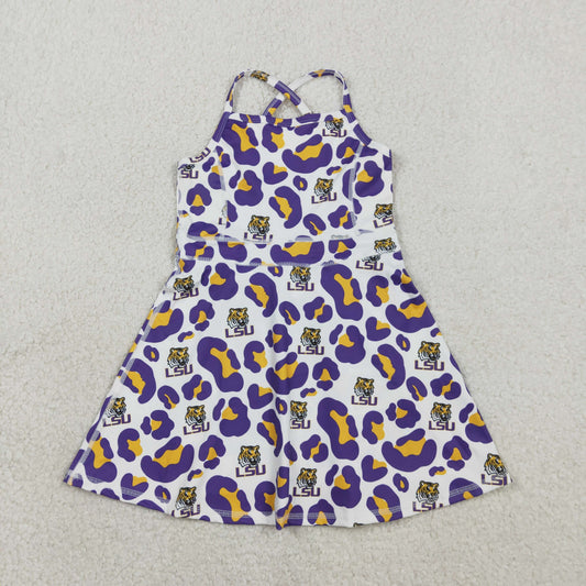 GSD3639 Baby Girls Strap Leopard LSU Tigers Team Yoga Active Shorts Knee Length Dress
