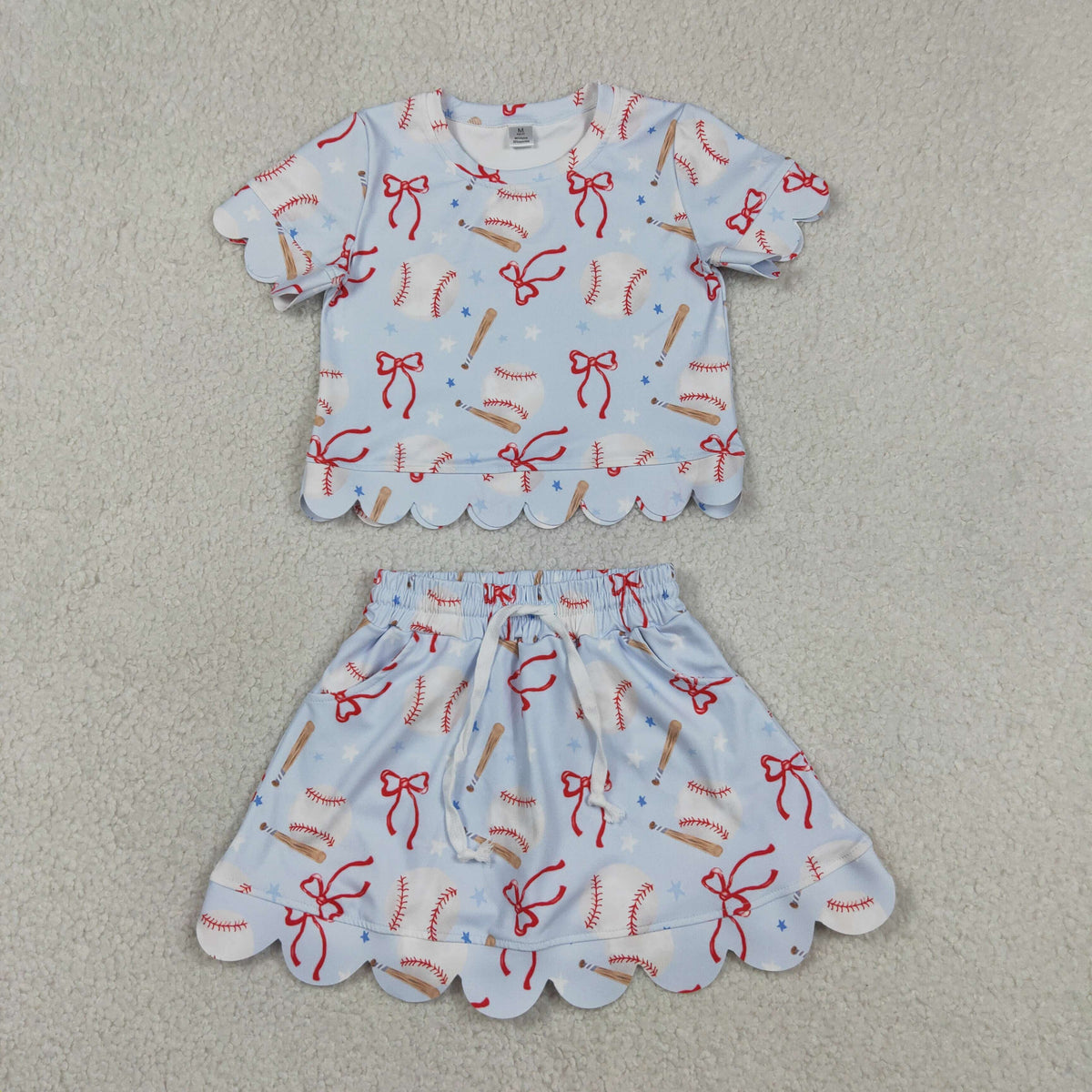 GSD3656 Baby Girls Baseballs Bows Top Pockets Skirt Short Yoga Active Team Scallop Clothes Set