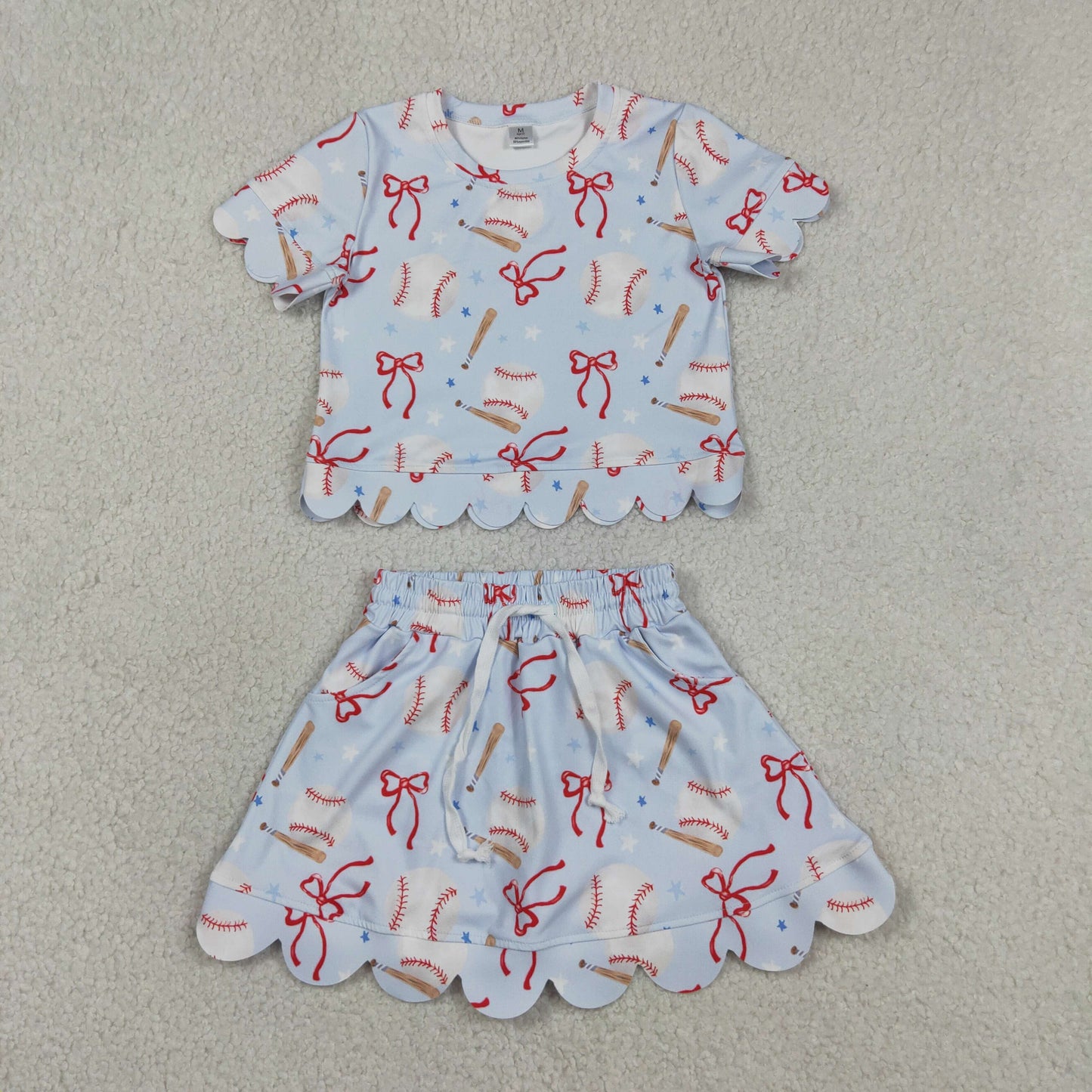 Sibling Baby Girls Bows Baseballs Softballs Top Skirt Short Team Yoga Active Scallop Clothes Sets
