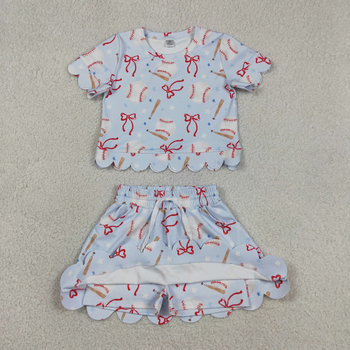 GSD3656 Baby Girls Baseballs Bows Top Pockets Skirt Short Yoga Active Team Scallop Clothes Set