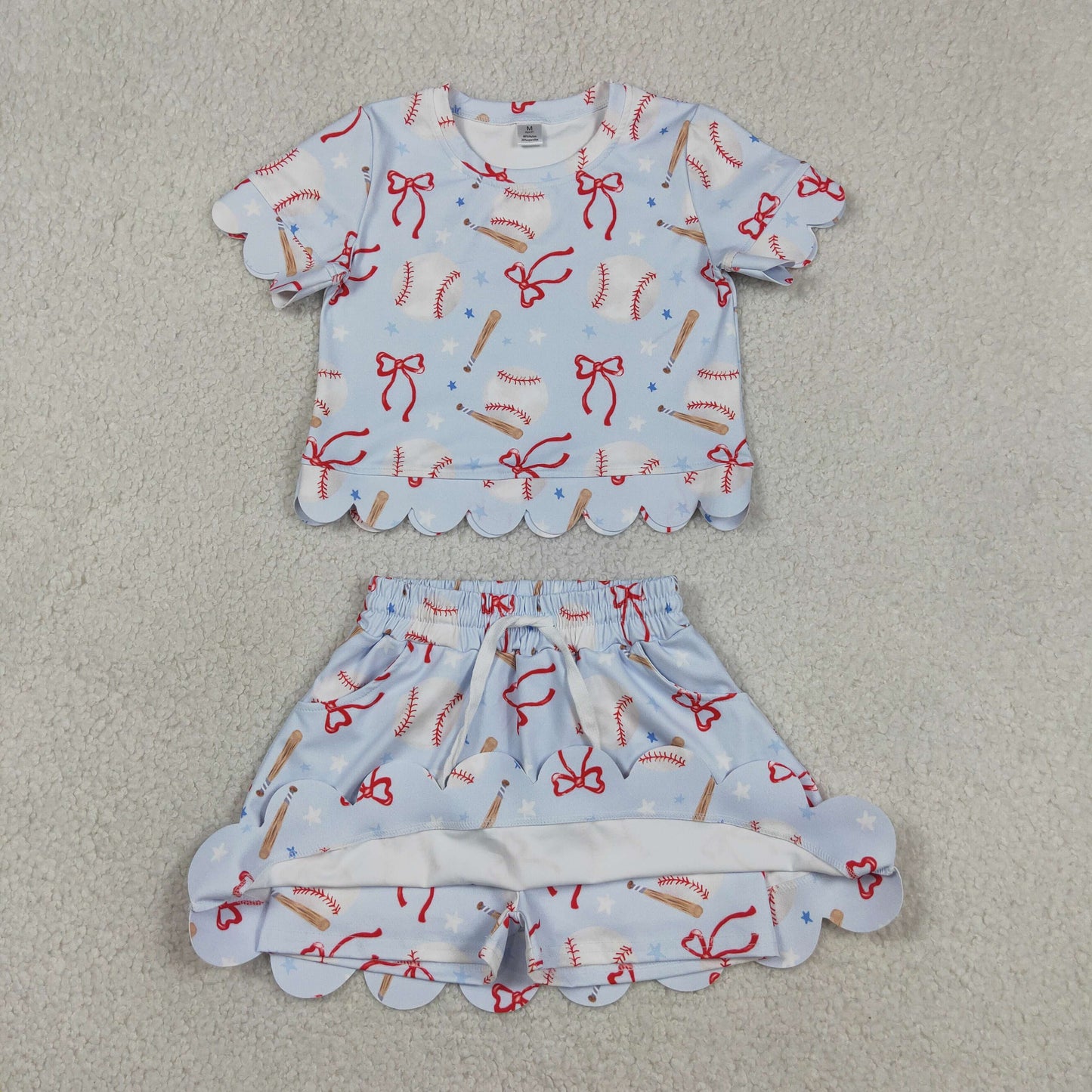 Sibling Baby Girls Bows Baseballs Softballs Top Skirt Short Team Yoga Active Scallop Clothes Sets