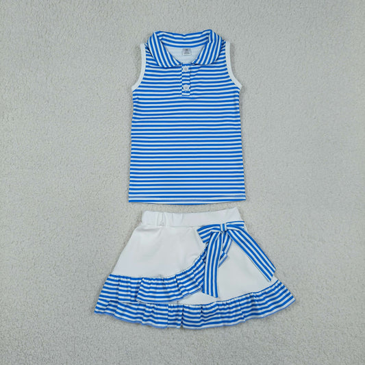GSD3661 Baby Girls Blue Stripe Button Vest Ruffle Bows Skirt Short Yoga Active Clothes Sets
