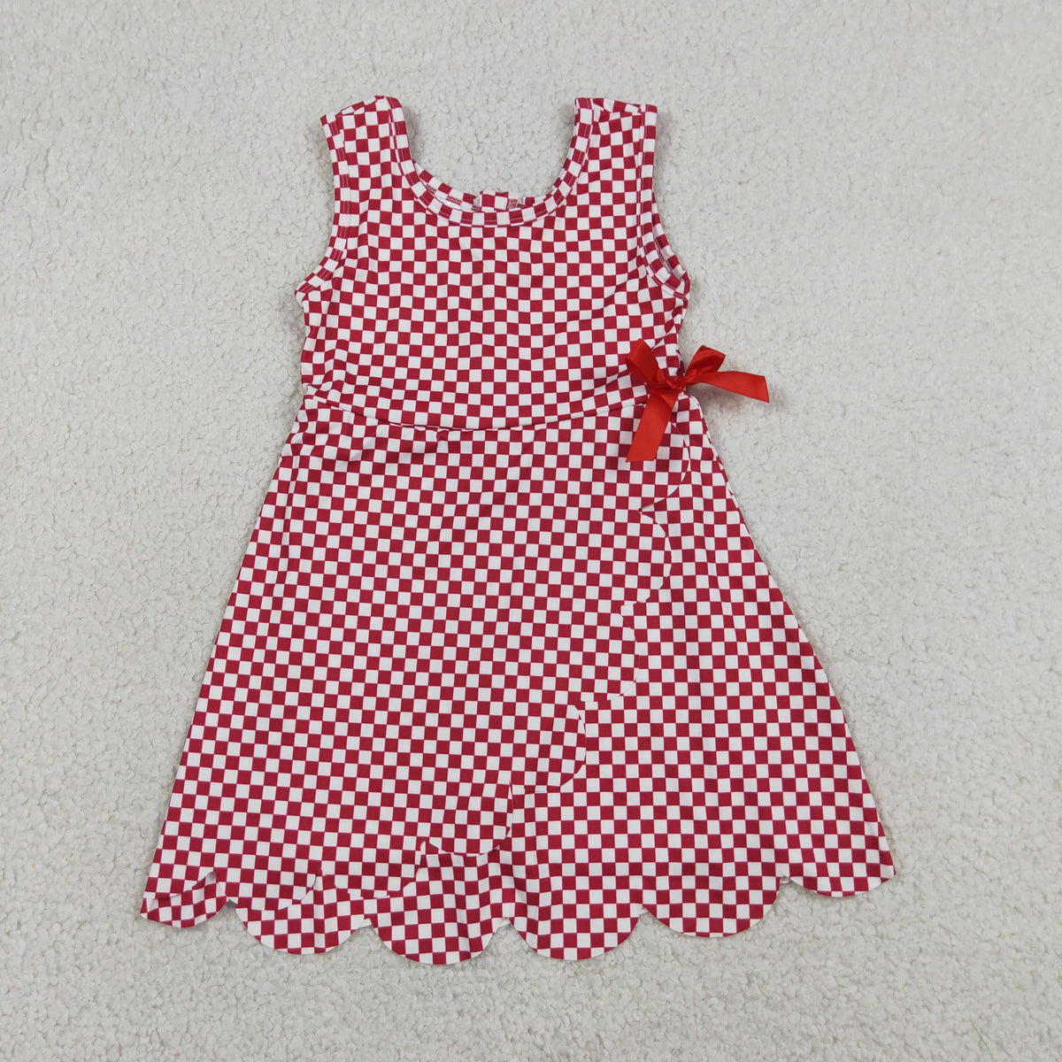 GSD3669 Baby Girls Red Checked Sleeveless Yoga Active Short Scallop Knee Length Dress