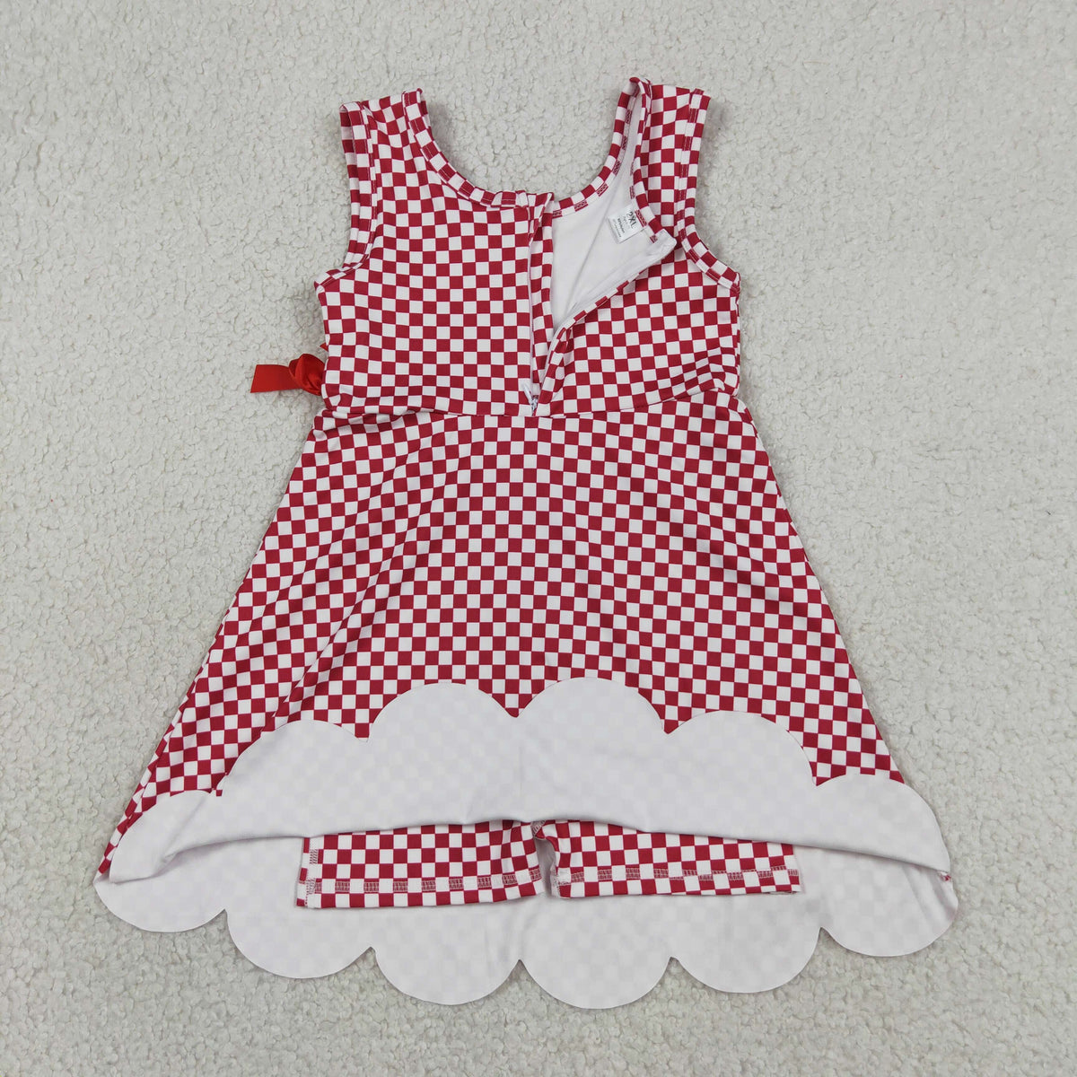 GSD3669 Baby Girls Red Checked Sleeveless Yoga Active Short Scallop Knee Length Dress