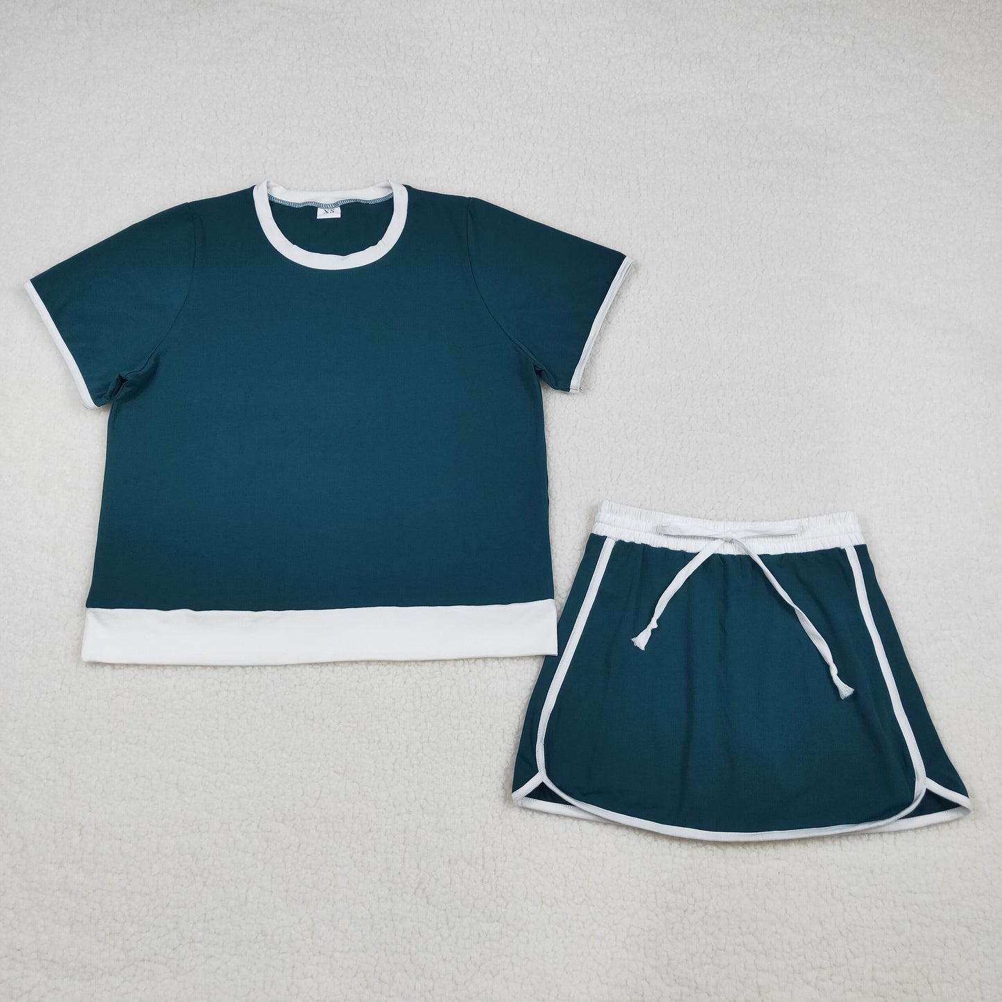 GSD3673 Adult Women Dark Green Short Sleeve Top Skirt Shorts Cotton Clothes Set