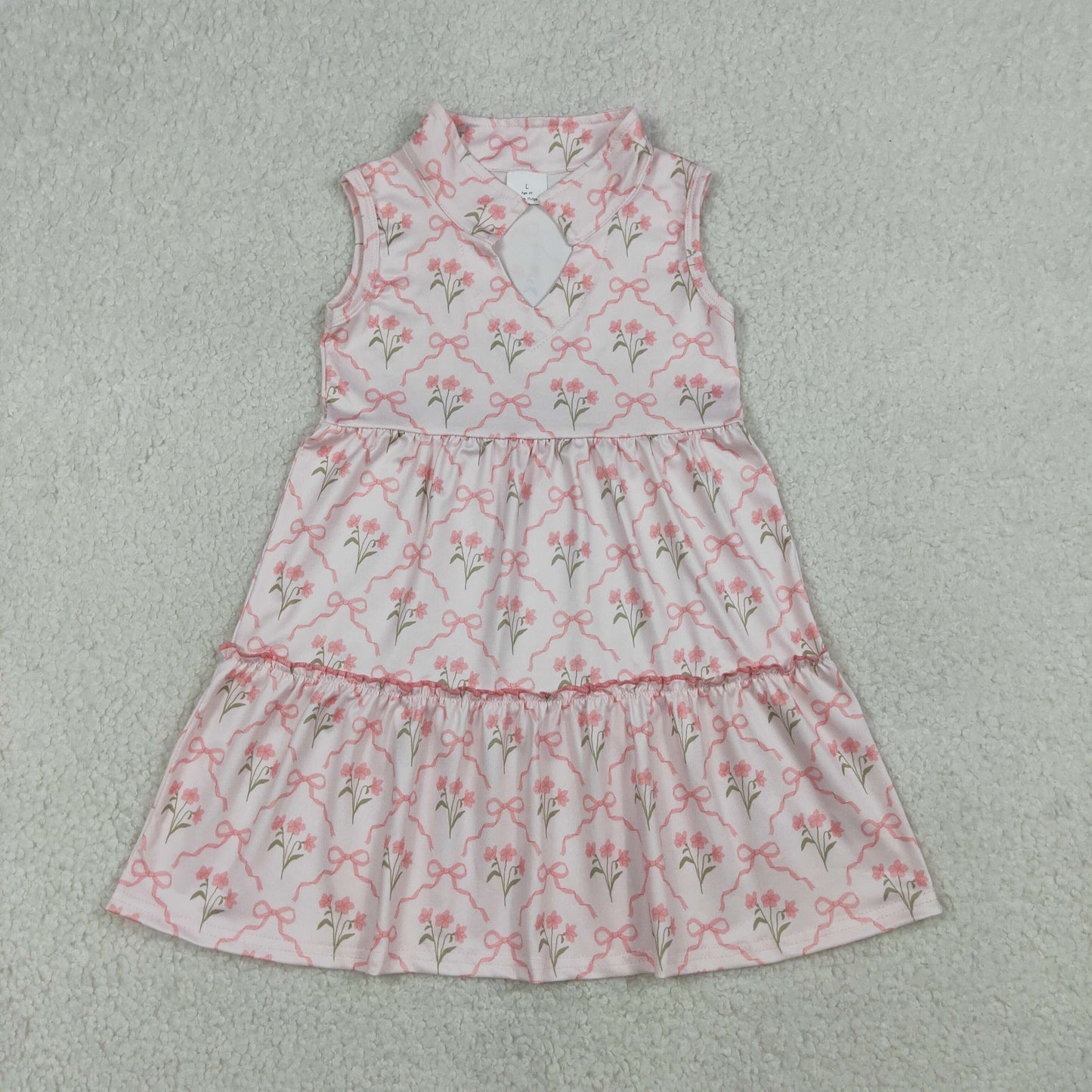 GSD3678 Baby Girls Sleeveless Flower Bows Checked Patchwork Knee Length Dresses
