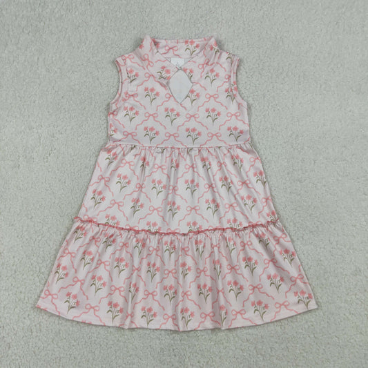 GSD3678 Baby Girls Sleeveless Flower Bows Checked Patchwork Knee Length Dresses