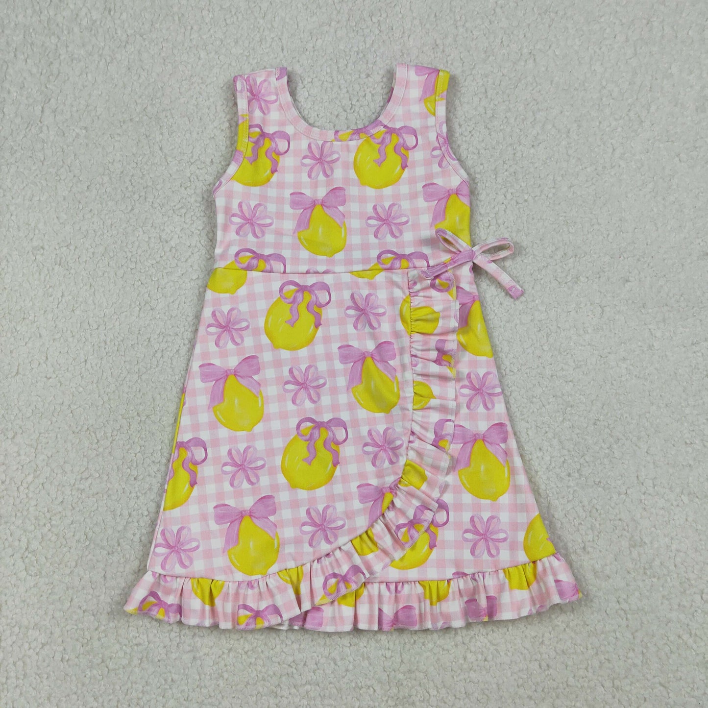 Sibling Baby Girls Pink Blue Checked Bows Lemons Yoga Active Shorts Knee Length Dress