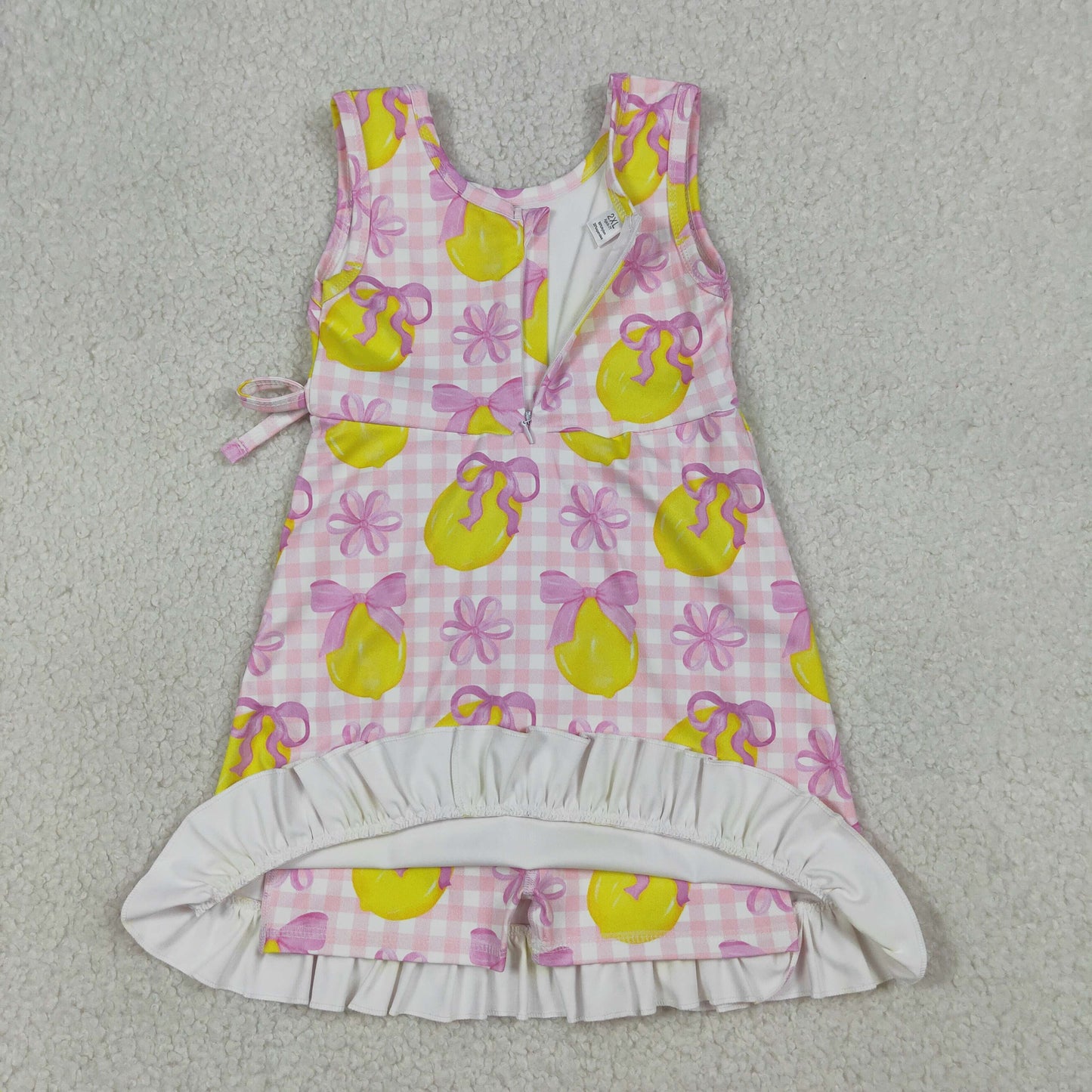 Sibling Baby Girls Pink Blue Checked Bows Lemons Yoga Active Shorts Knee Length Dress
