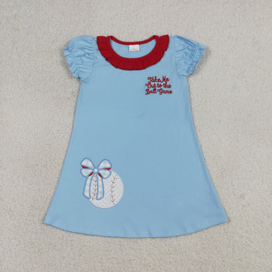 GSD3685 Baby Girls Blue Embroidery Bow Baseballs Team Knee Length Dresses