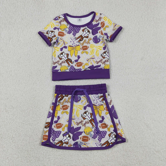 GSD3695 Baby Girls Purple Bow Football Tigers Top Skirt Short Team Yoga Active Clothes Sets