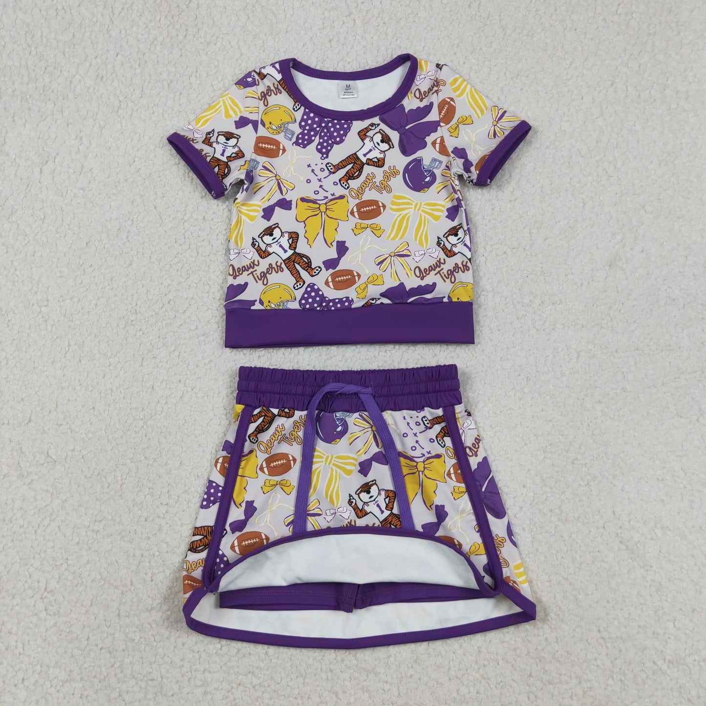 GSD3695 Baby Girls Purple Bow Football Tigers Top Skirt Short Team Yoga Active Clothes Sets