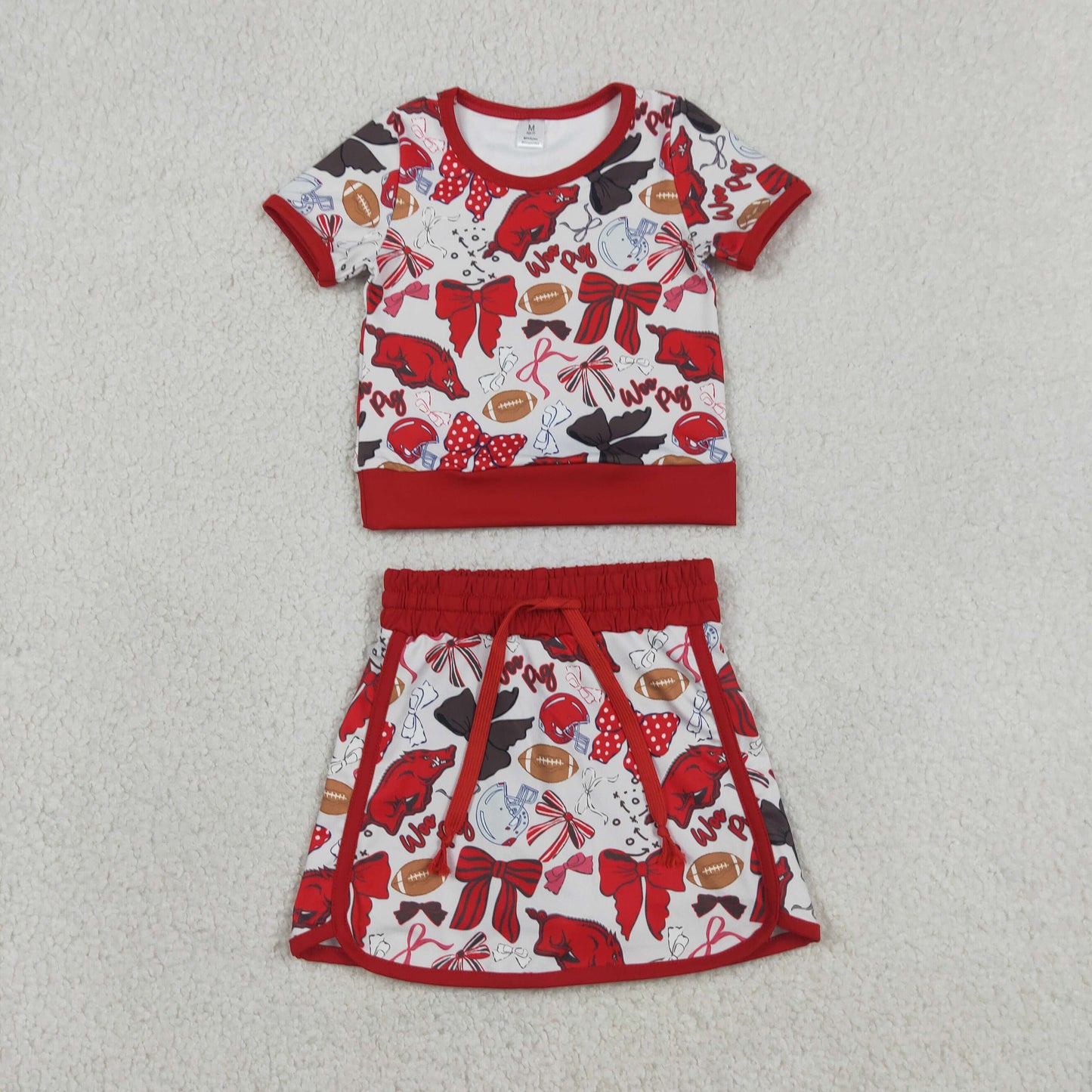 GSD3696 Baby Girls Red Bow Football Woo Pigs Top Skirt Short Team Yoga Active Clothes Sets