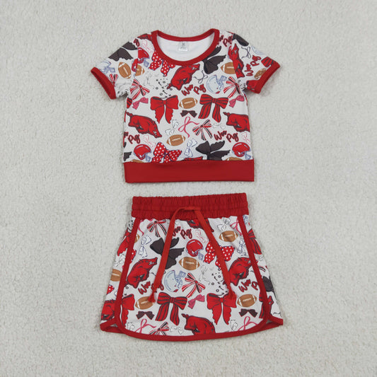 GSD3696 Baby Girls Red Bow Football Woo Pigs Top Skirt Short Team Yoga Active Clothes Sets