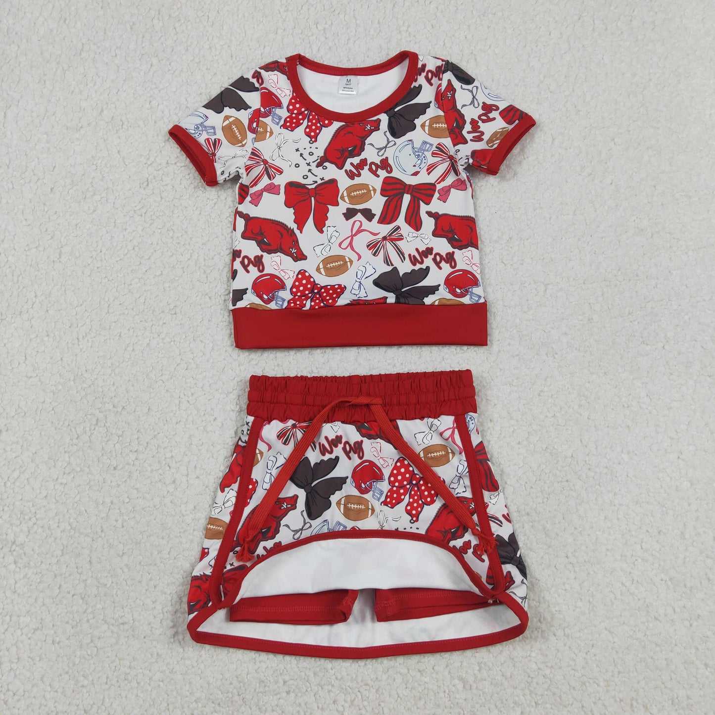 GSD3696 Baby Girls Red Bow Football Woo Pigs Top Skirt Short Team Yoga Active Clothes Sets