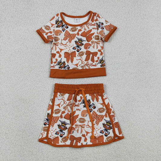GSD3697 Baby Girls Khaki Bow Football Texas Longhorns Top Skirt Short Team Yoga Active Clothes Sets