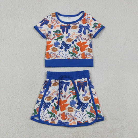 GSD3698 Baby Girls Blue Bow Football Florida Gators Top Skirt Short Team Yoga Active Clothes Sets