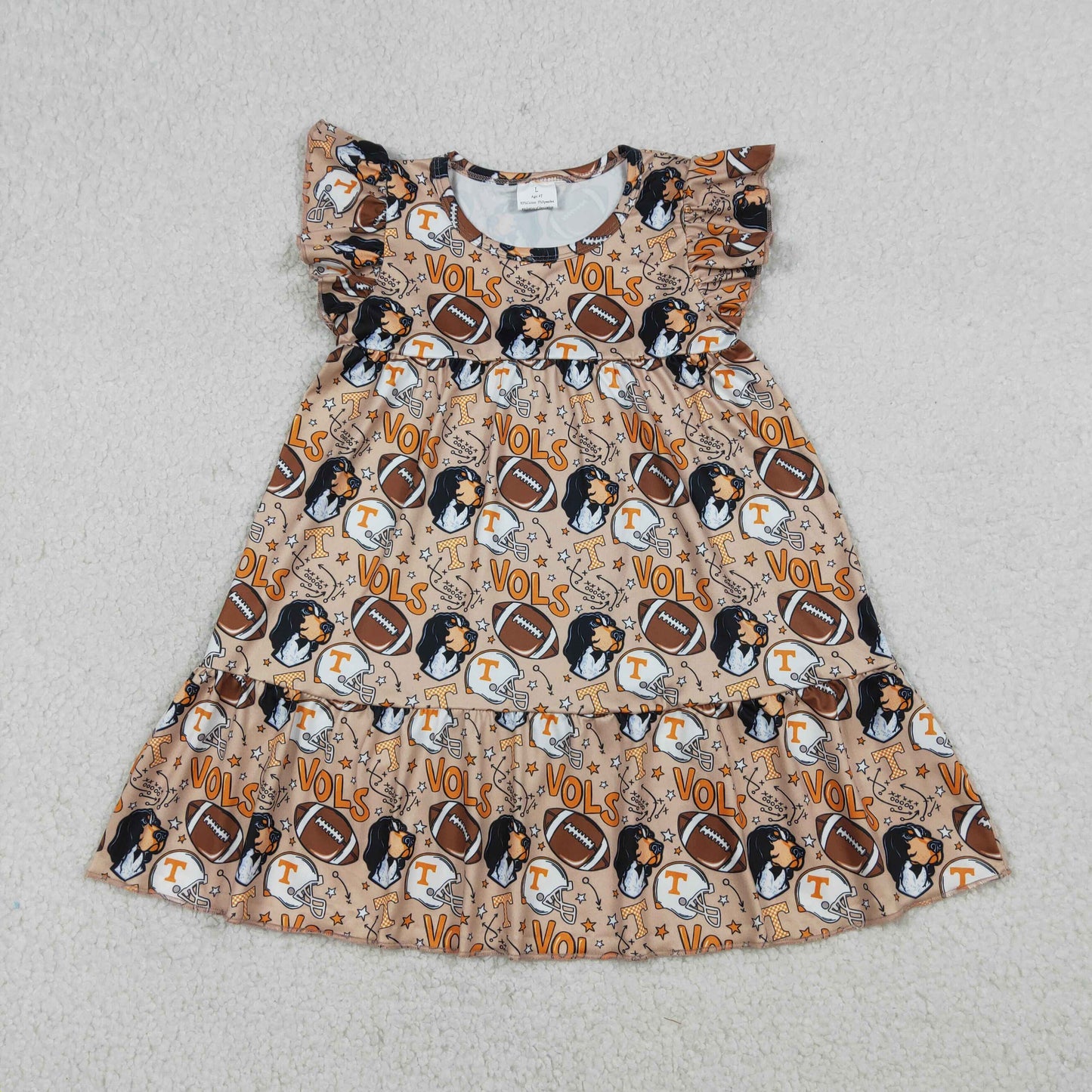 GSD3703 Baby Girls Flutter Sleeve Footballs VOLS Team Patchwork Knee Legth Dresses