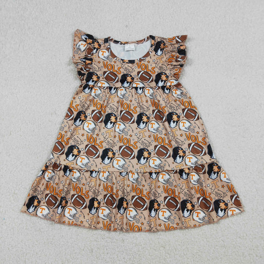 GSD3703 Baby Girls Flutter Sleeve Footballs VOLS Team Patchwork Knee Legth Dresses