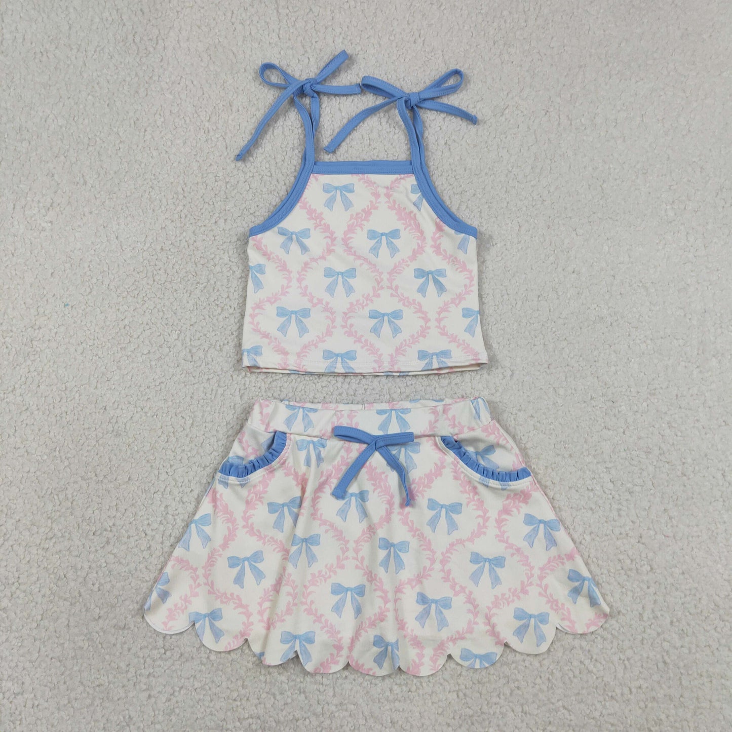 Sibling Baby Girls Strap Flowers Bows Top Pockets Skirt Short Yoga Active Clothes Sets