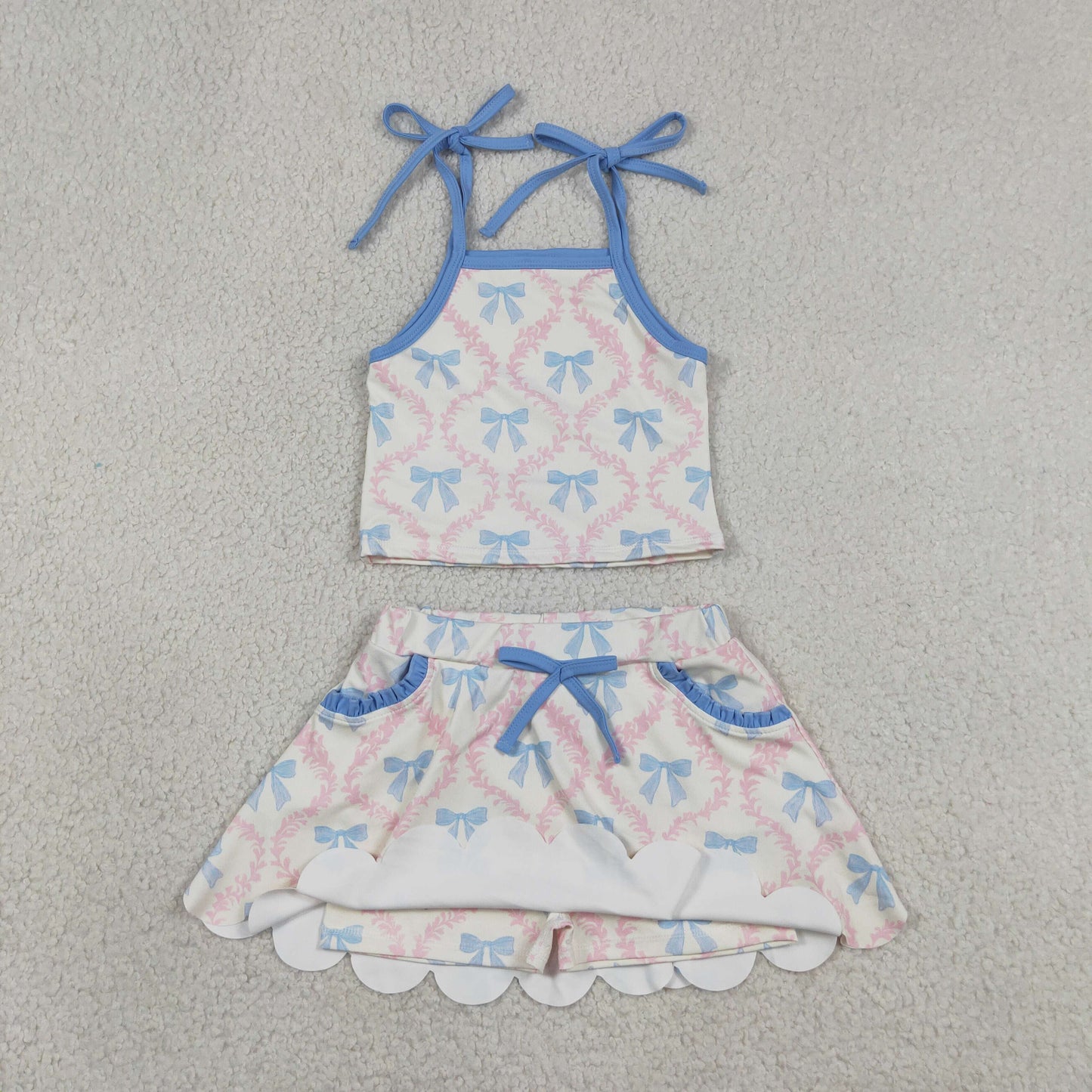 Sibling Baby Girls Strap Flowers Bows Top Pockets Skirt Short Yoga Active Clothes Sets