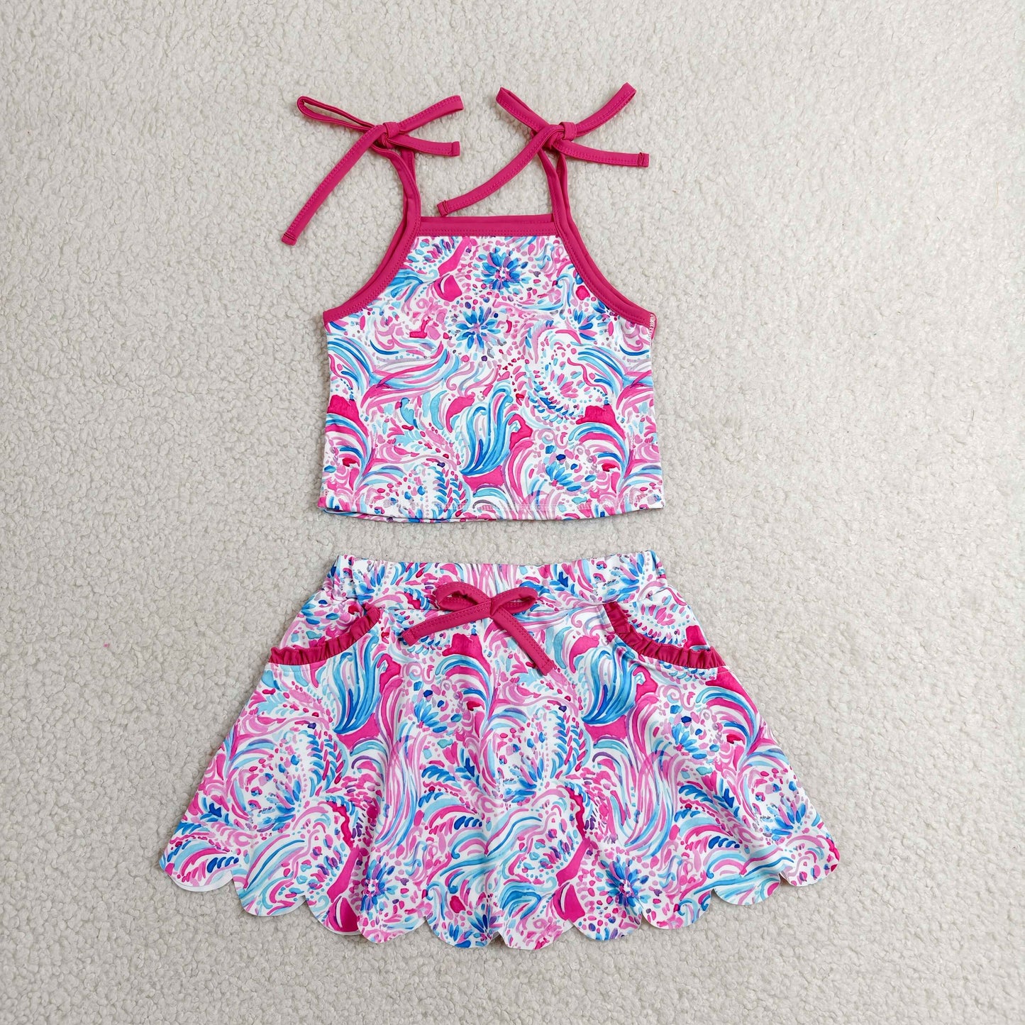 Sibling Baby Girls Strap Flowers Bows Top Pockets Skirt Short Yoga Active Clothes Sets