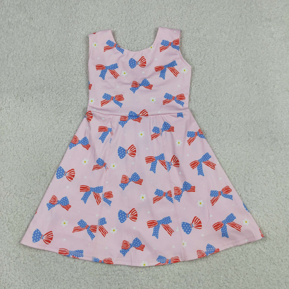 GSD3748 Baby Girls Blue Red Bows Flowers 4th of July Yoga Active Short Knee Length Dress