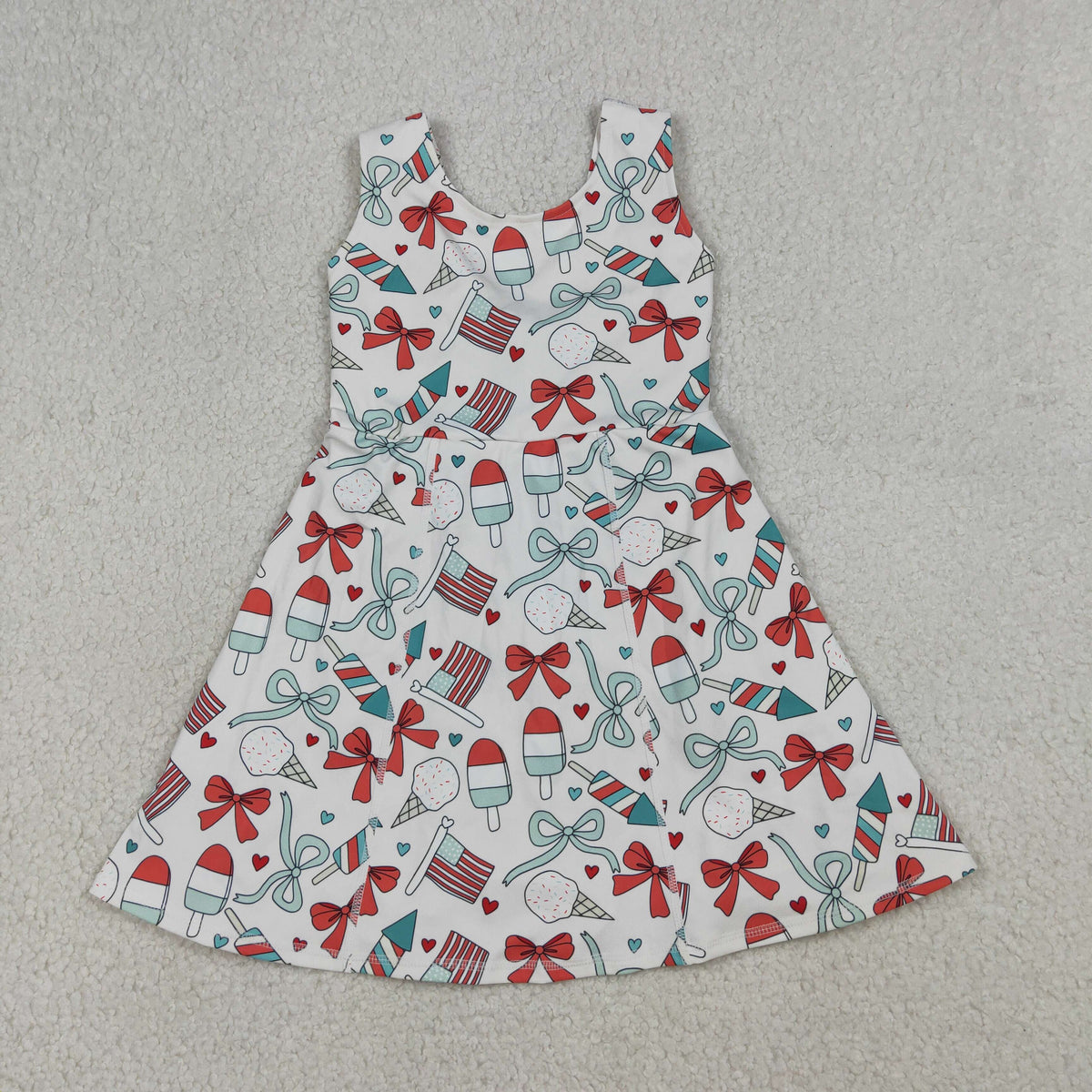 GSD3750 Baby Girls Popsicle Flags Bows 4th of July Yoga Active Short Knee Length Dress