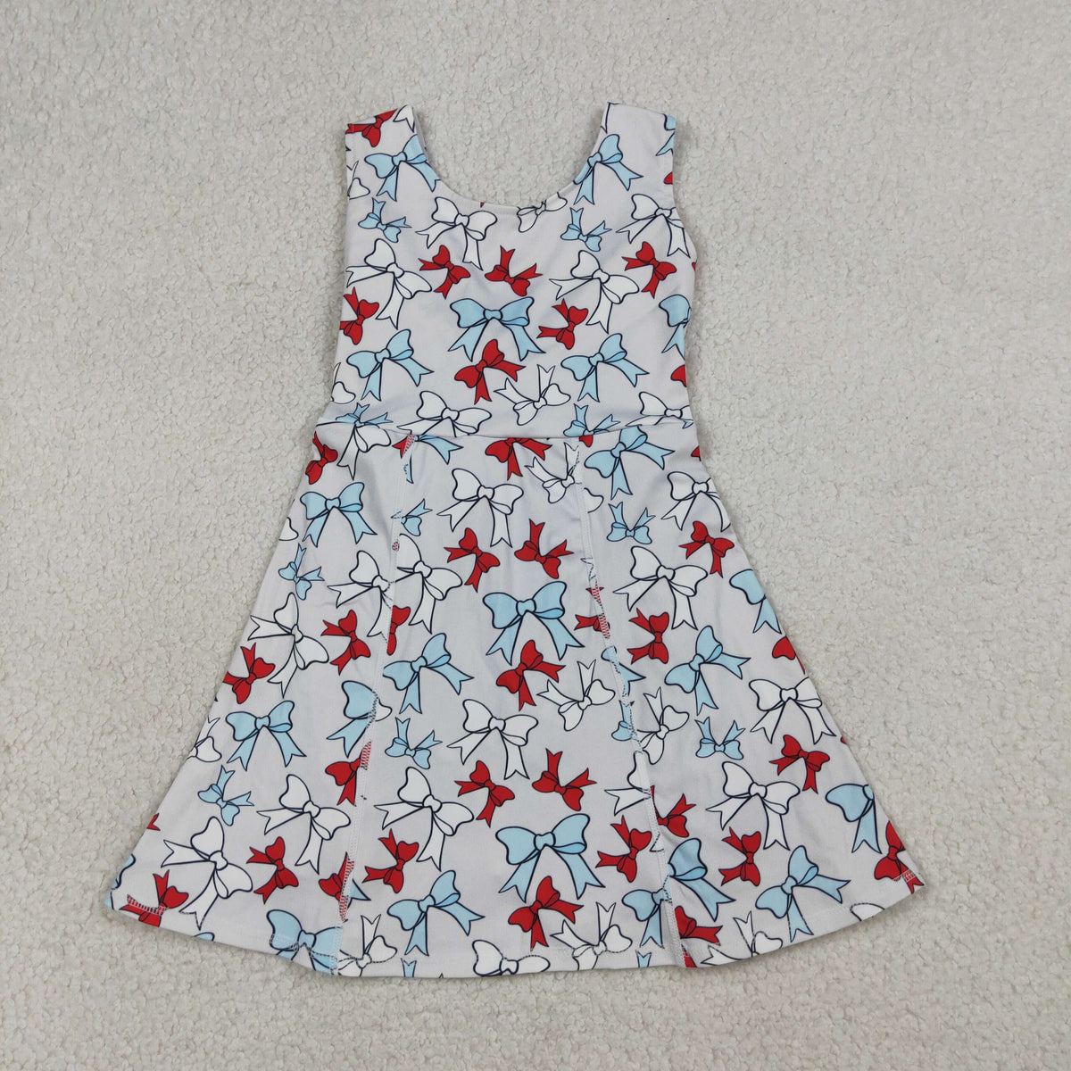 GSD3752 Baby Girls Red Blue Bows Plaid 4th of July Yoga Active Short Knee Length Dress