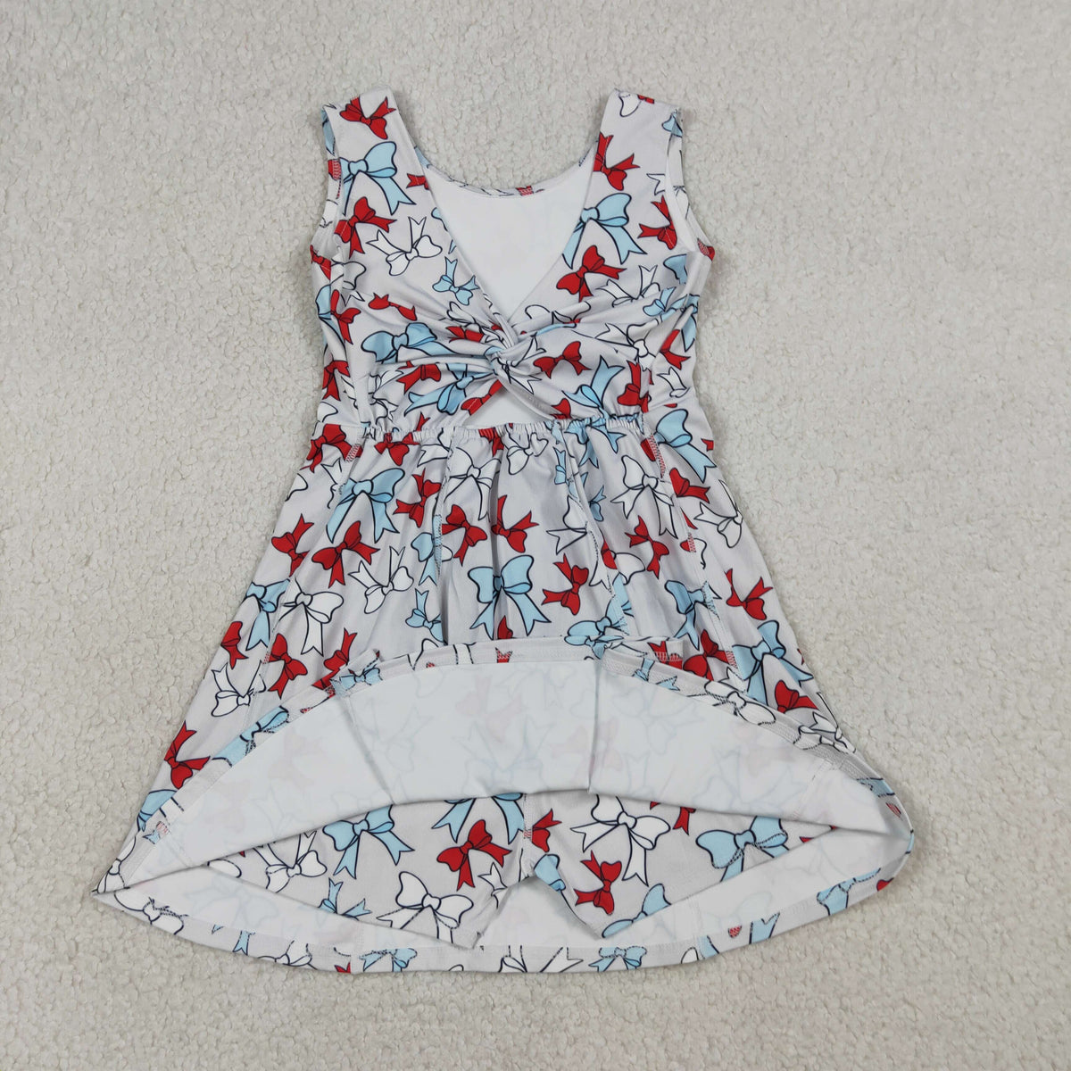 GSD3752 Baby Girls Red Blue Bows Plaid 4th of July Yoga Active Short Knee Length Dress