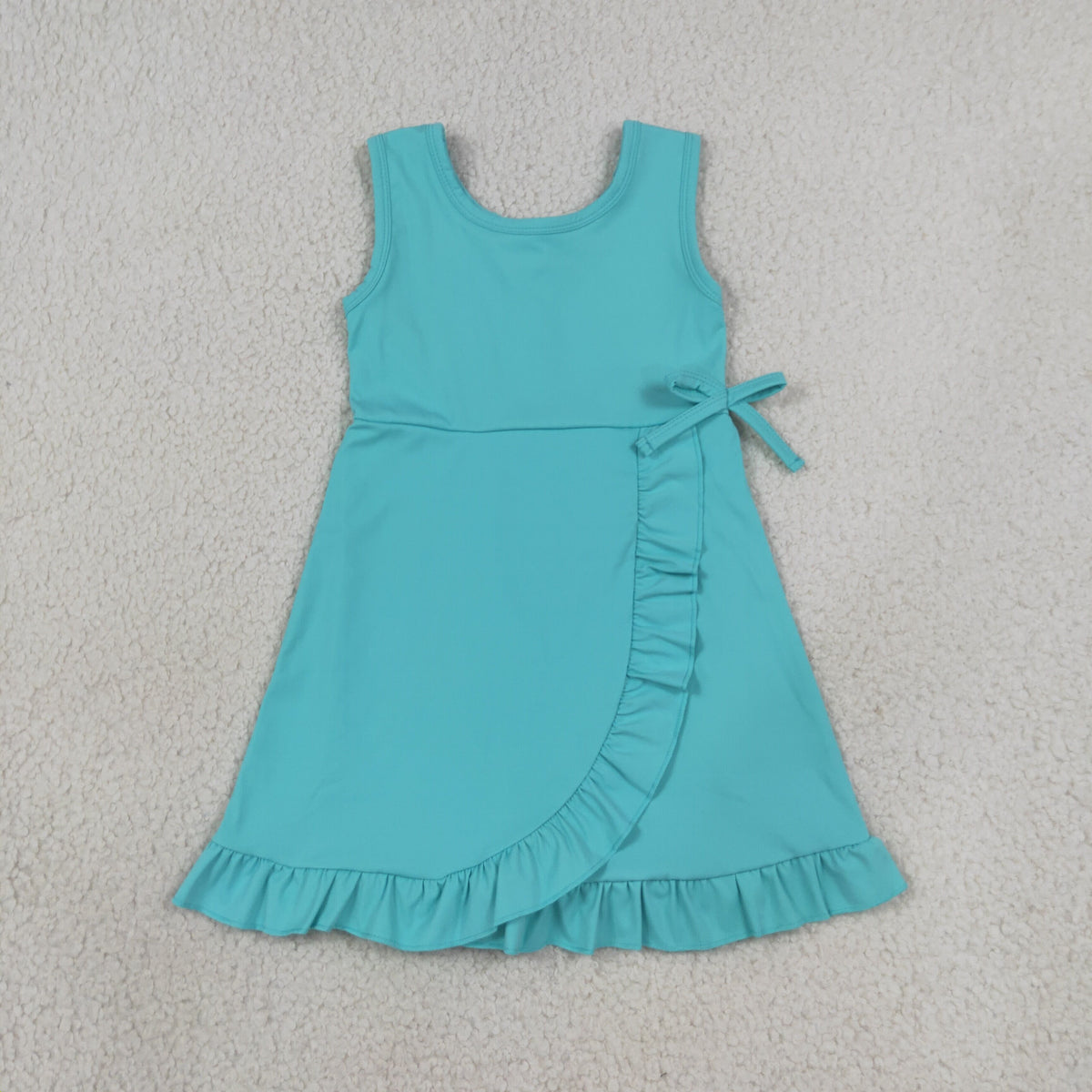 GSD3768 Baby Girls Lake Blue Sleeveless Back Zip Yoga Active Short Ruffle Knee Length Dress