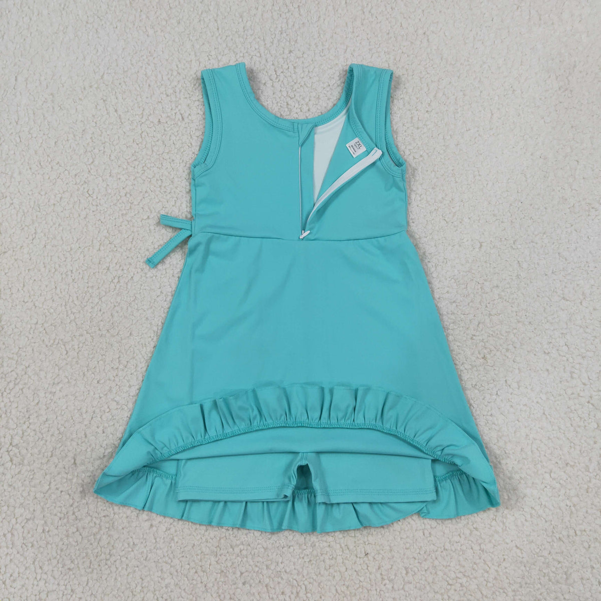 GSD3768 Baby Girls Lake Blue Sleeveless Back Zip Yoga Active Short Ruffle Knee Length Dress
