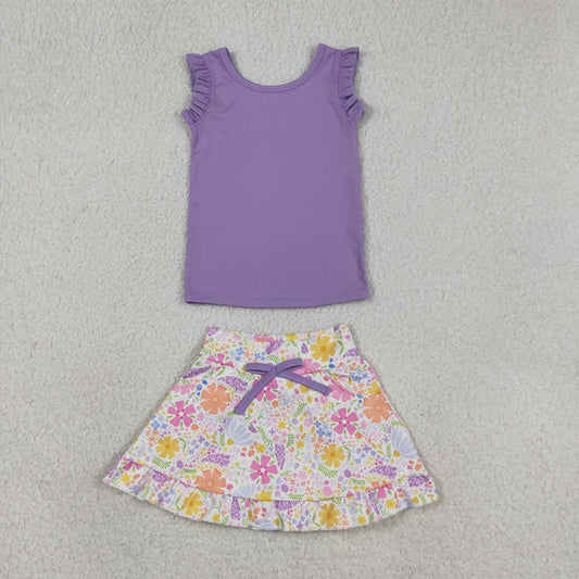 GSD3771 Baby Girls Purple Sleeveless Vest Colorful Flowers Skirt Short Yoga Active Clothes Sets