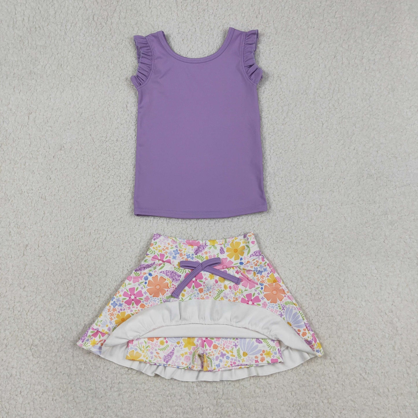 GSD3771 Baby Girls Purple Sleeveless Vest Colorful Flowers Skirt Short Yoga Active Clothes Sets