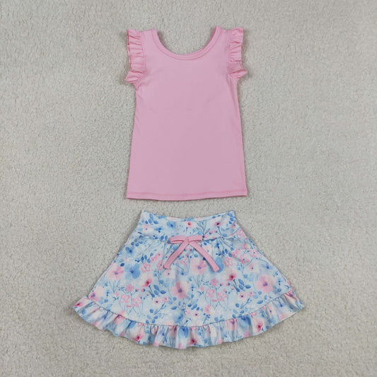 GSD3773 Baby Girls Pink Sleeveless Vest Colorful Flowers Skirt Short Yoga Active Clothes Sets