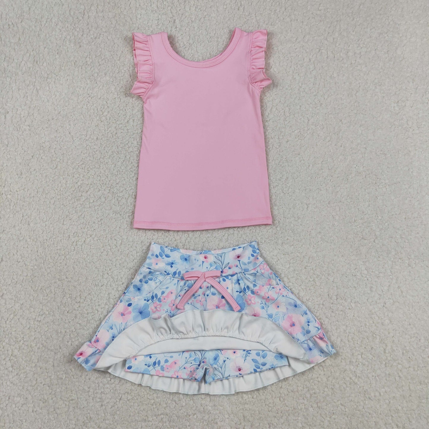 GSD3773 Baby Girls Pink Sleeveless Vest Colorful Flowers Skirt Short Yoga Active Clothes Sets