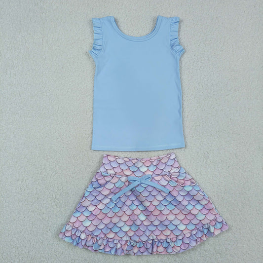 GSD3775 Baby Girls Blue Sleeveless Vest Mermaid Skirt Short Yoga Active Clothes Sets