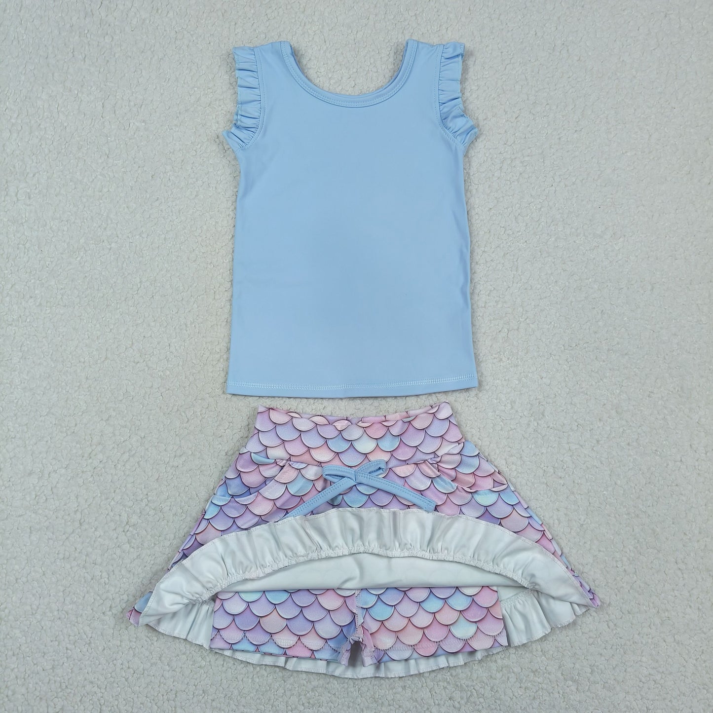 GSD3775 Baby Girls Blue Sleeveless Vest Mermaid Skirt Short Yoga Active Clothes Sets