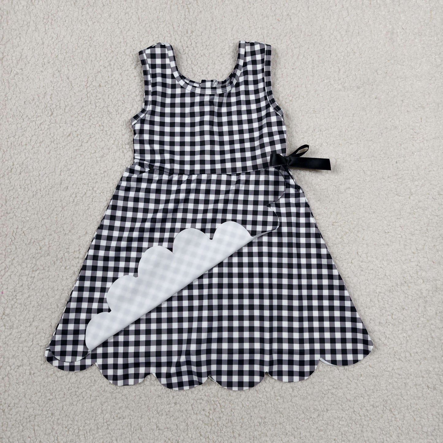 Sibling Baby Girls Blue Orange Checked Yoga Active Shorts Scallop Knee Length Dresses