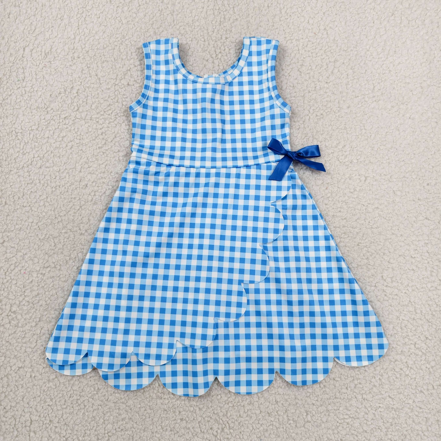 Sibling Baby Girls Blue Orange Checked Yoga Active Shorts Scallop Knee Length Dresses