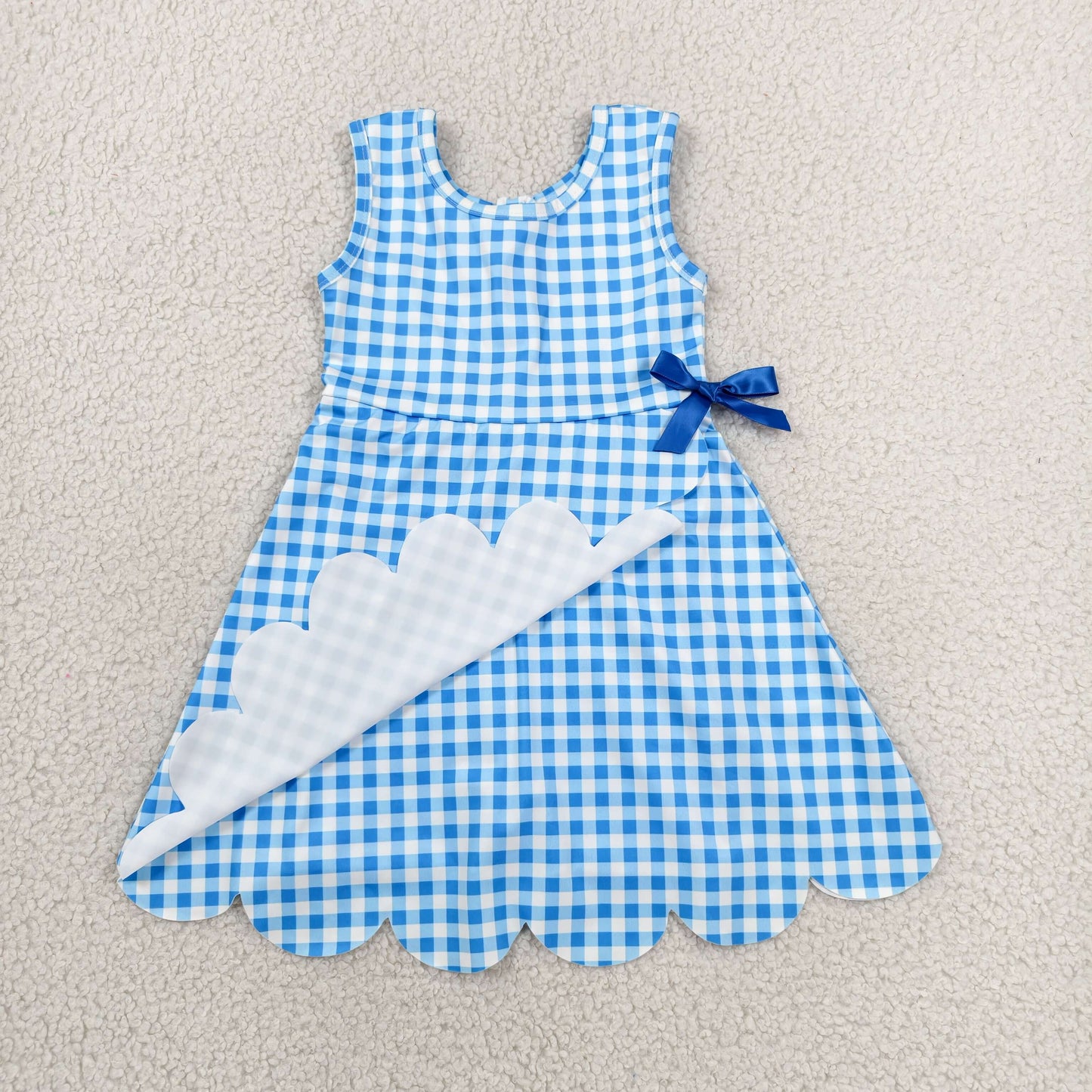 Sibling Baby Girls Blue Orange Checked Yoga Active Shorts Scallop Knee Length Dresses