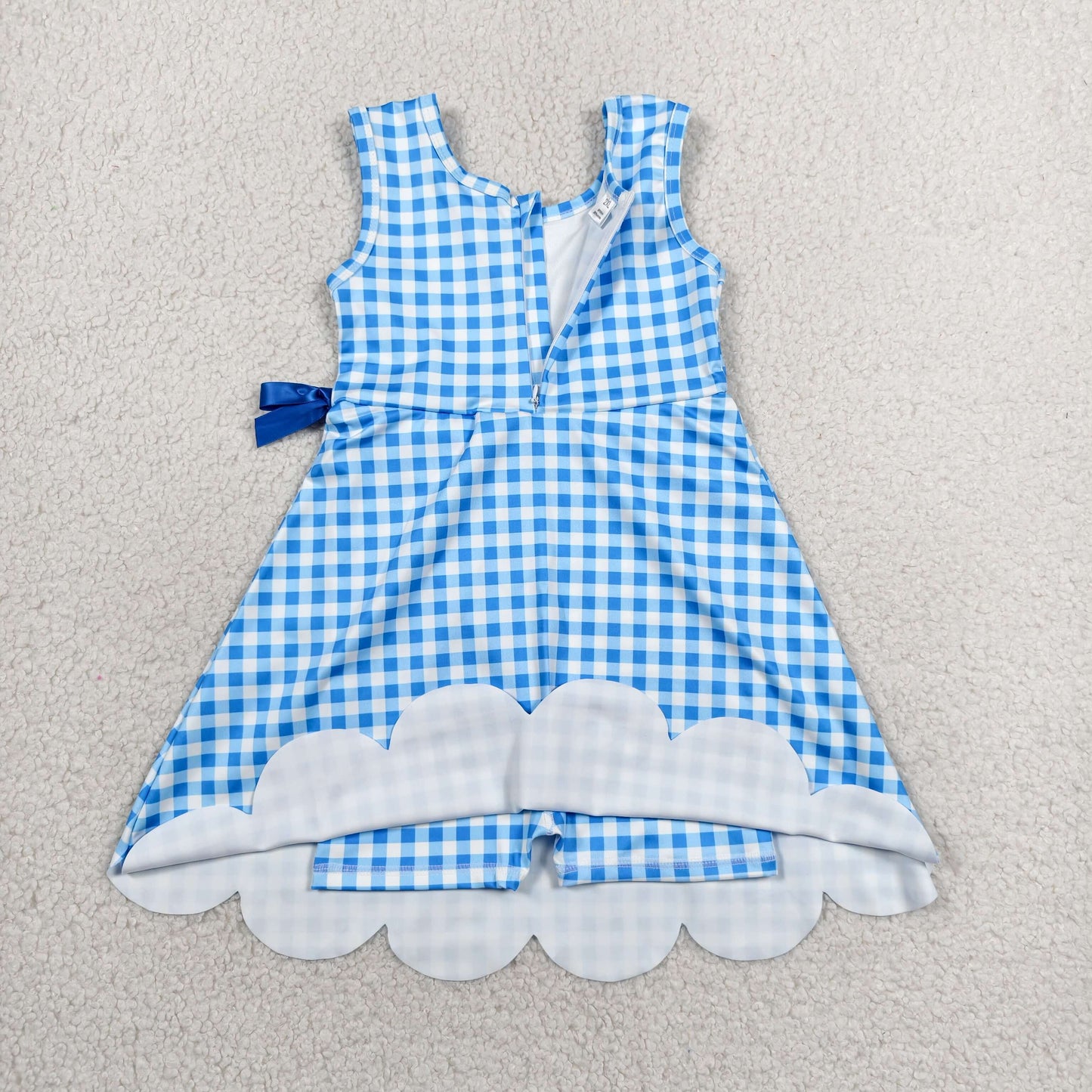 Sibling Baby Girls Blue Orange Checked Yoga Active Shorts Scallop Knee Length Dresses