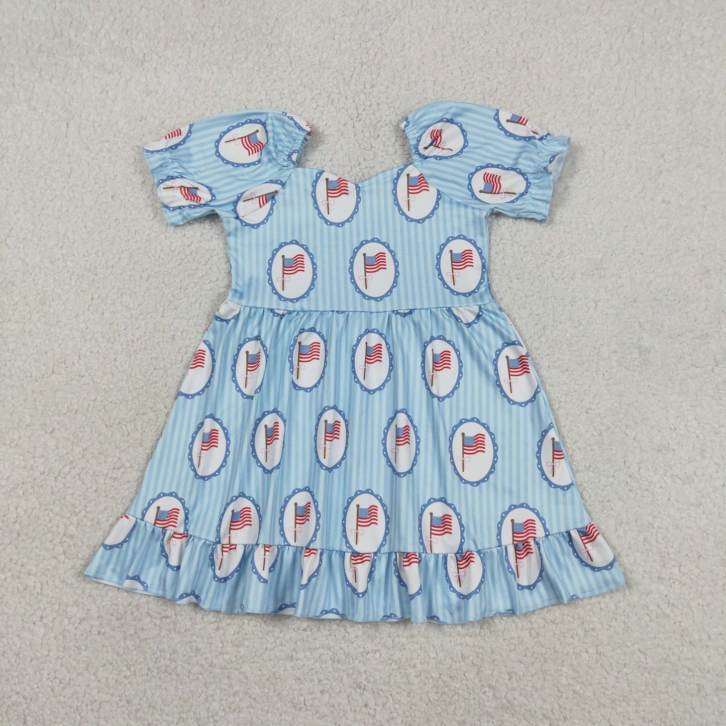 GSD3792 Baby Girls Blue Stripe Flags 4th of July Ruffle Knee Length Dresses