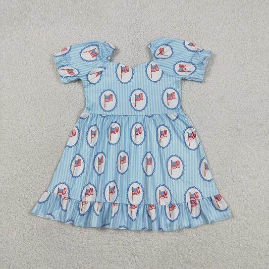 GSD3792 Baby Girls Blue Stripe Flags 4th of July Ruffle Knee Length Dresses