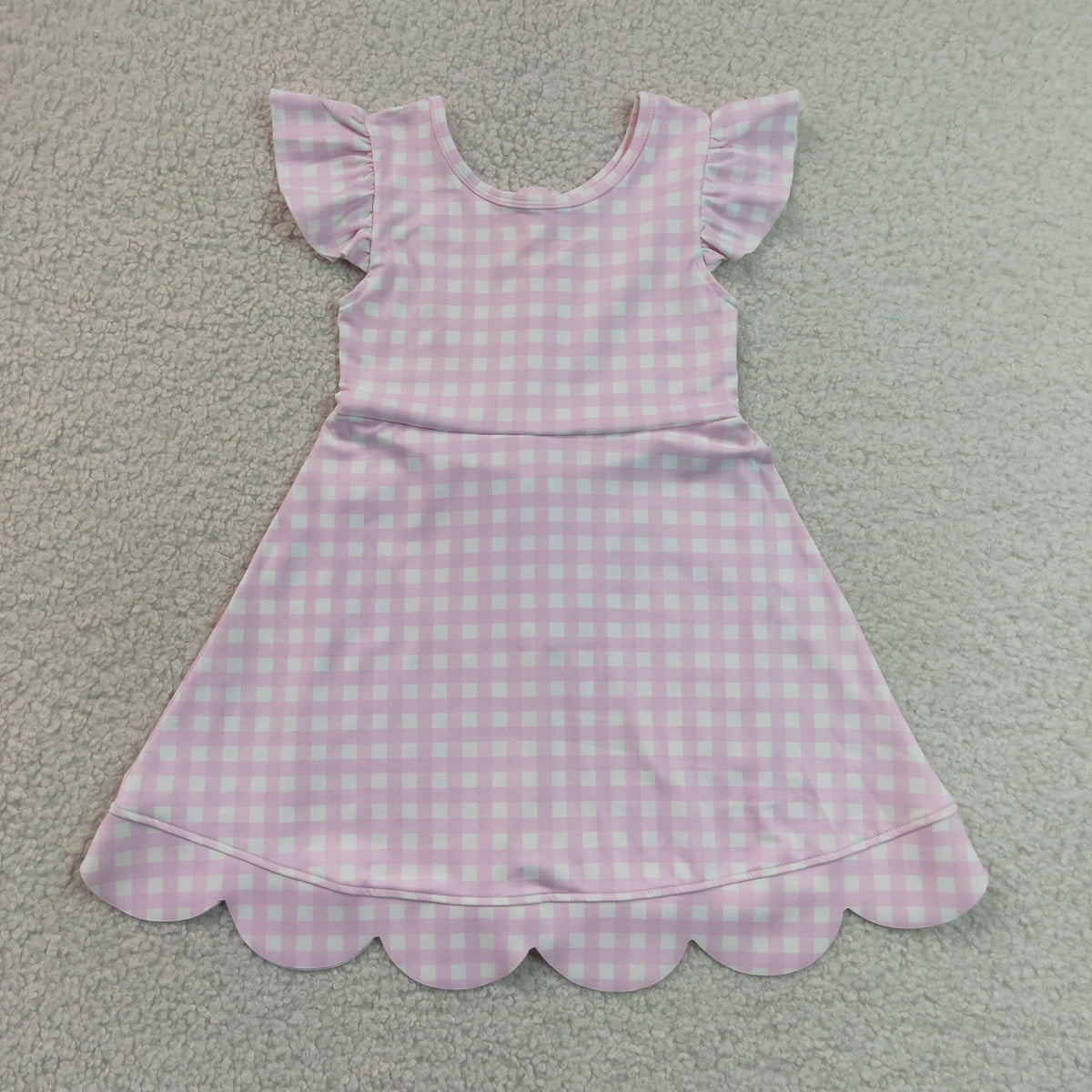 GSD3796 Baby Girls Flutter Sleeve Pink Checked Yoga Active Short Scallop Knee length Dress