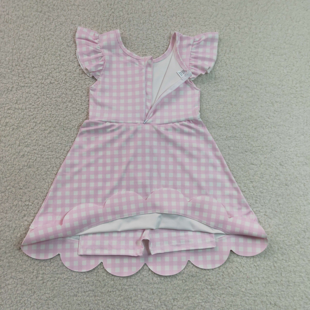 GSD3796 Baby Girls Flutter Sleeve Pink Checked Yoga Active Short Scallop Knee length Dress