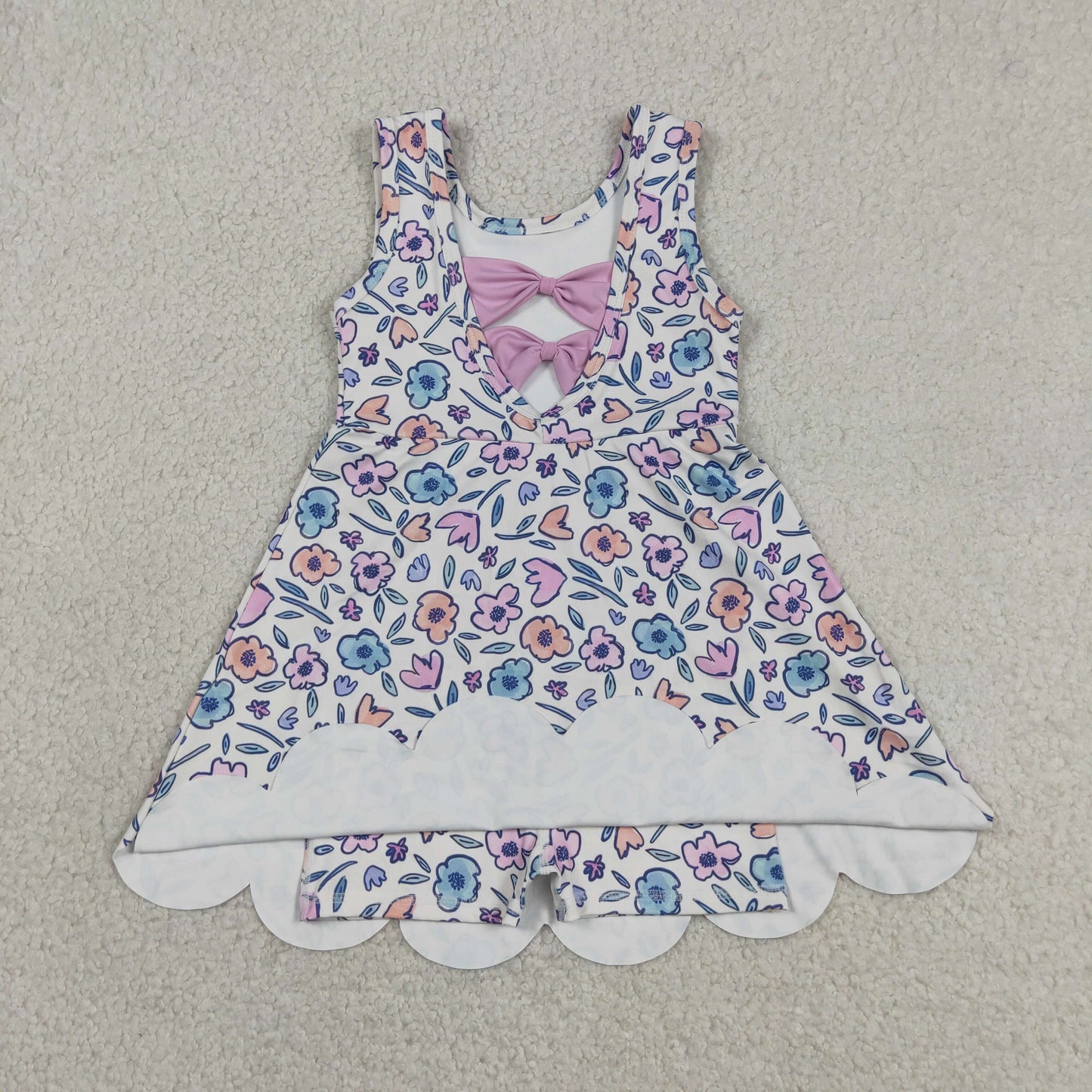 Sibling Baby Girls Sleeveless Bows Flowers Yoga Active Shorts Scallop Knee Length Dresses