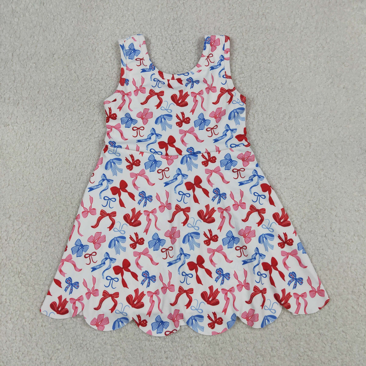 GSD3809 Baby Girls Red Blue Bows Yoga Active Short Scallop 4th of July Dress