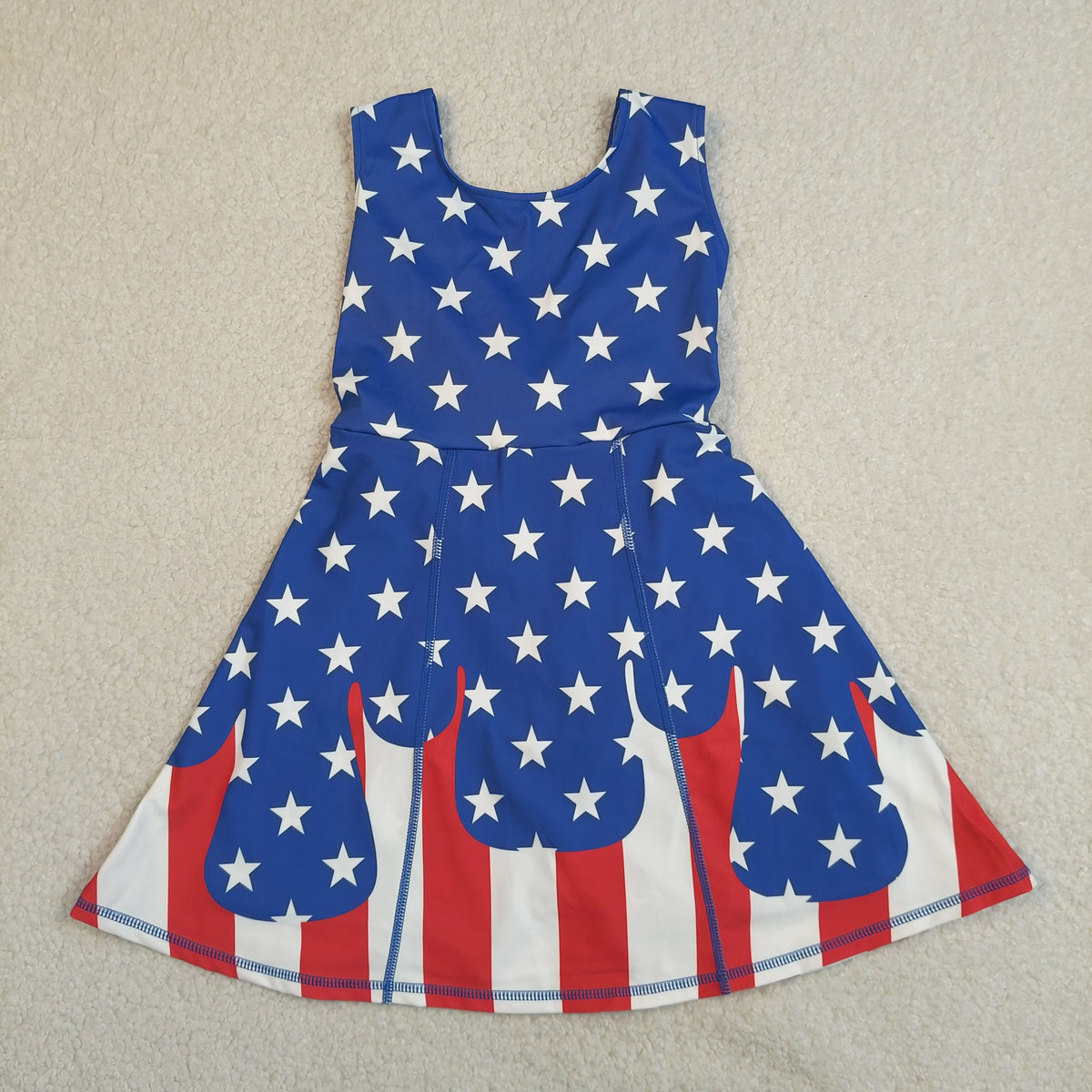 GSD3813 Baby Girls Blue Red Stars Drip 4th of July Yoga Active Short Knee Length Dress